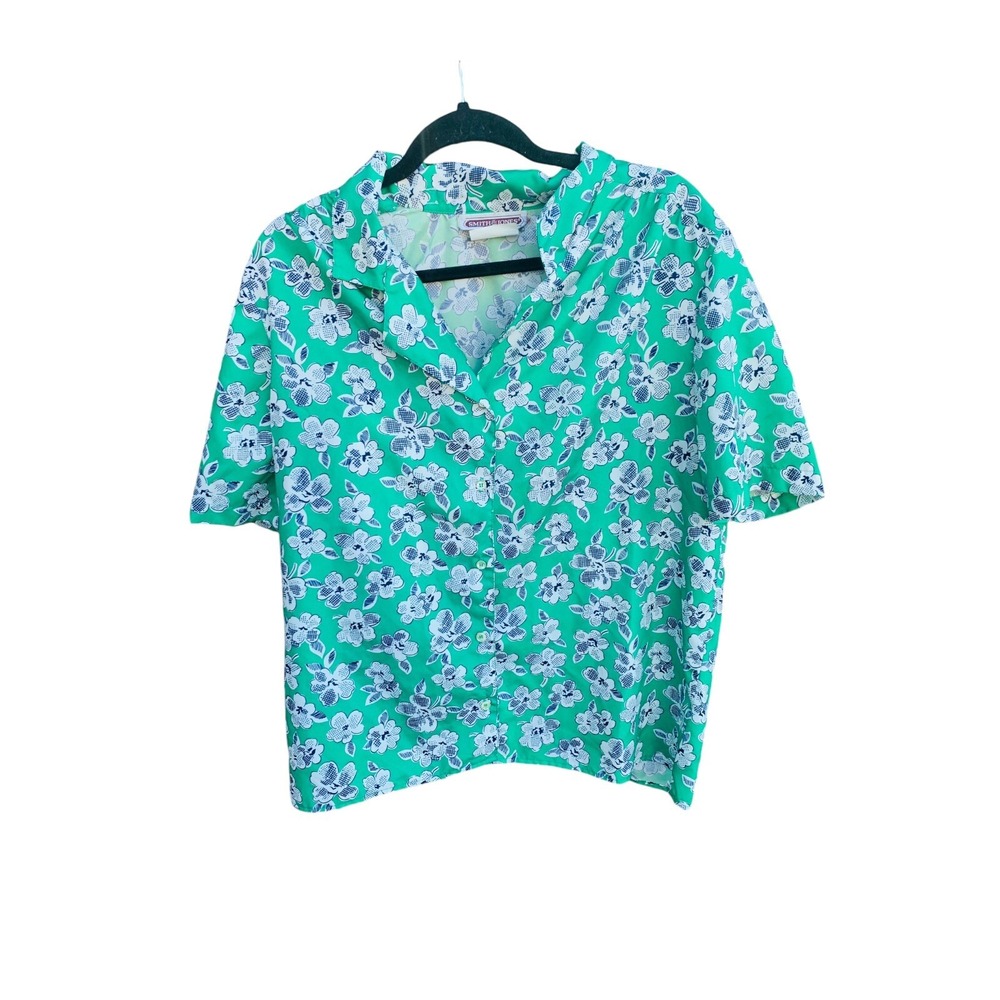 Vintage 80s 90s Smith & Jones Green Flower Patterned Button Down Blouse 38